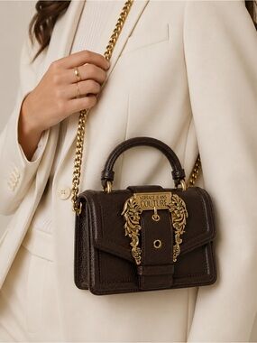 Versace Jeans Collection Dark Brown Leather Bag Gold Hardware Crossbody Mini